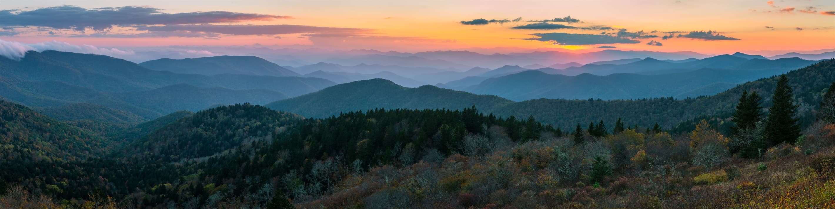 Sunset over the layered ridges of the Great Smoky Mountains